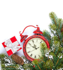Christmas background with clock and snow fir tree
