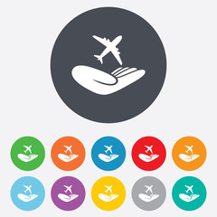 Flight insurance sign. Hand holds plane.