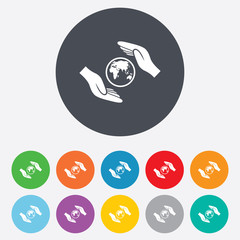 Worldwide insurance sign. Hands protect cover.