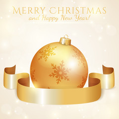 Greeting card with Christmas ball and ribbon. Vector illustratio