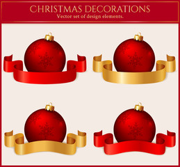 Christmas balls with ribbons. Set of design elemens. Vector illu