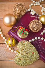 Christmas composition on wooden background in vintage style