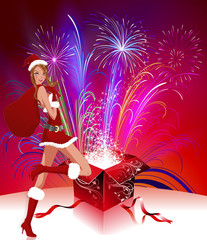 Lady Santa Claus with fireworks