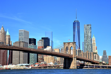 View of New York City Downtown Skyline with Brooklyn Bridge