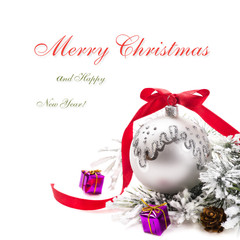 Christmas card with ornaments, gifts and place for text