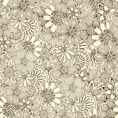 Seamless pattern with flowers, doodles, cucumbers