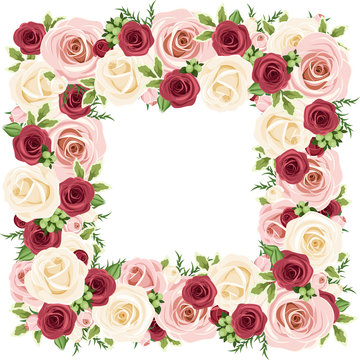 Frame with red, pink and white roses. Vector illustration.