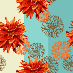 seamless colorful pattern with georgina flowers and wide vertica