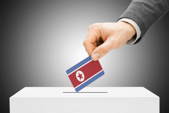 Male inserting flag into ballot box - North Korea