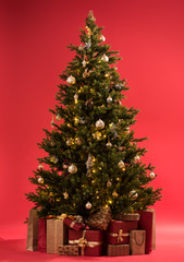 Christmas tree with gifts on red background full length