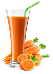 Glass of carrot juice with fruit isolated on white.