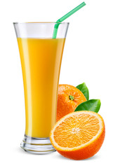 Glass of orange juice with fruit isolated on white.