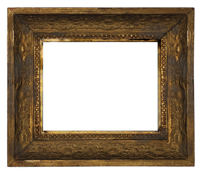 classic old ornate wooden picture frame carved by hand on white