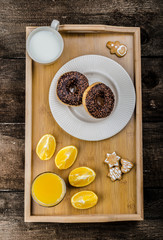 Breakfast tray donut orange and milk