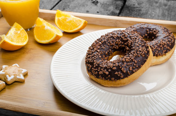 Breakfast tray donut orange and milk