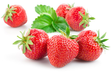 Strawberries with leaves. Isolated on a white background.