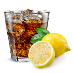 Cola glass with lemon isolated on white.