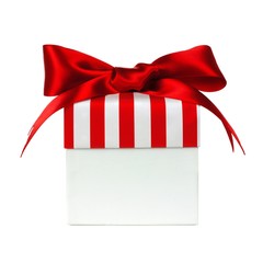 White gift box with red bow and striped lid isolated on white