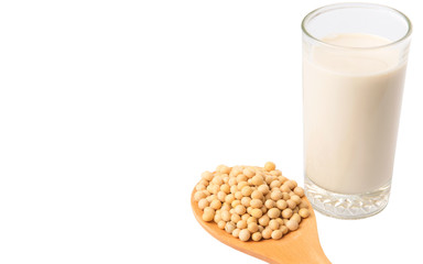 Soybean in a white bowl and a glass of soybean milk over white 