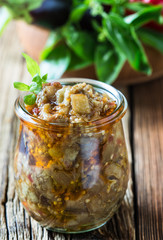 Eggplant preserve in glass jar