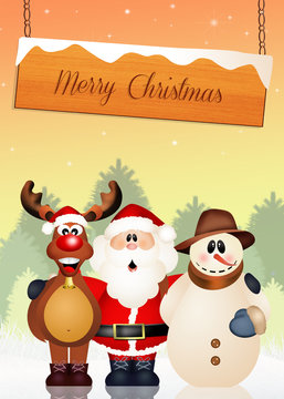 Santa Claus, snowman and reindeer