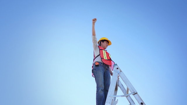 Woman Worker Climb Ladder Raised Hand