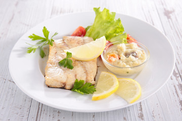fish, salad and sauce