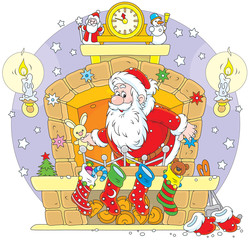 Fototapeta premium Santa Claus with Christmas gifts in the fireplace