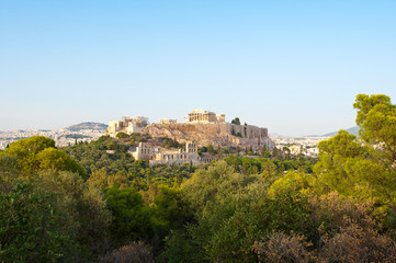 Fototapeta na wymiar Acropolis of Athens from Filopappos Hill in the evening. Greece.