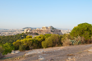 Fototapeta na wymiar Acropolis of Athens, view from Filopappos Hill. Athens, Greece.