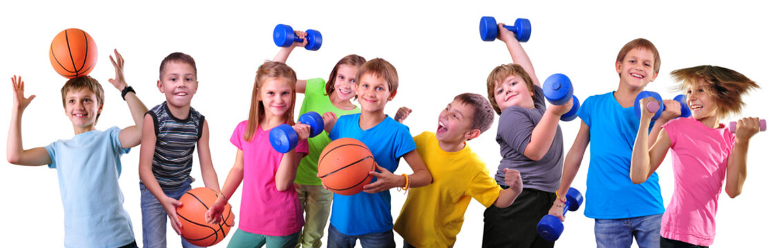 Team of sportive kids friends with dumbbells and ball