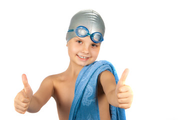 Portrait of a young girl in goggles and swimming cap. Isolated o