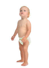 Infant child baby kid toddler standing make first steps looking