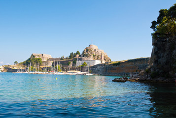 View of the Old Fortress of Corfu in the distance, Greece.