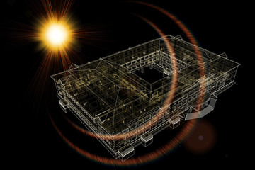 Wire-frame buildings with light on dark background