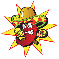 Illustration of a Chili Character with a Pair of Maracas