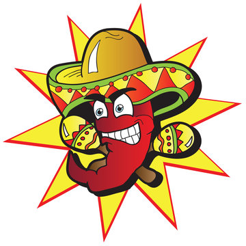 Illustration of a Chili Character with a Pair of Maracas