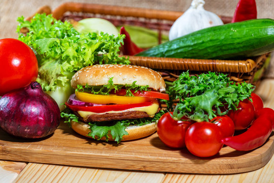 homemade hamburger with fresh vegetables, close up