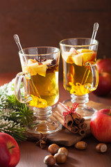 glass of mulled apple cider with orange and spices, christmas de