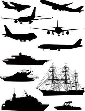 ship and plane silhouettes isolated on white