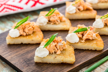 Potato pancakes with salmon teriyaki