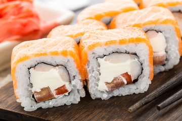 Sushi roll with salmon and shrimp
