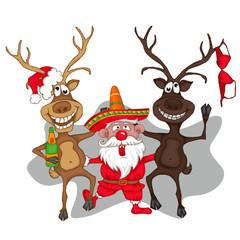 Santa Claus dancing with deers. cartoon style
