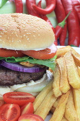 Burger with french fries.