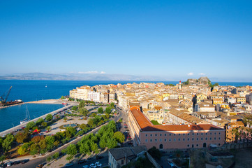 Corfu town from the New Fortress. Hill of St. Mark, Greece.