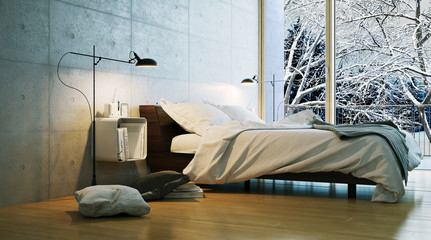 modernes schlafzimmer in winterlandschaft