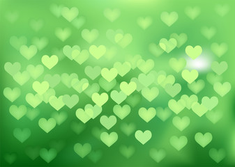Green festive lights in heart shape, vector background.