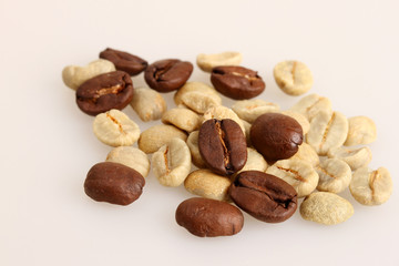 Raw and roasted coffee beans,close up