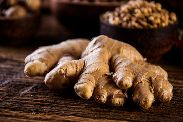 Traditional Asian concept with spices in wooden bowls