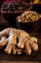 Traditional Asian concept with spices in wooden bowls